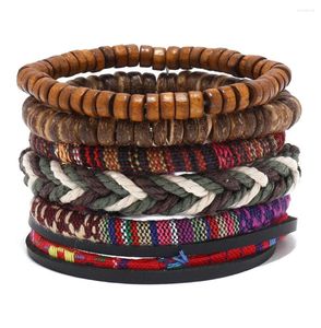 Bracelets de charme 4pcs / set tressé en cuir pour hommes vintage arbre de vie gouvernail perles de bois ethnique tribal bracelet corde bracelet