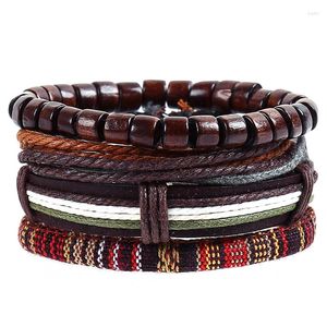 Bracelets porte-bonheur 4 pièces/ensemble Hippie Punk Boho cuir marron foncé perles de bois cordon de cire noeuds envelopper larges bracelets pour homme bijoux à la main