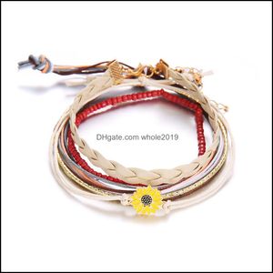 Bracelets de charme 5pcs Ensemble de couches empilables Wrap Bohemian Daisy Cuir Cordon Bracelet Perle réglable Femme Fille Drop Livraison Jewelr Dhxro