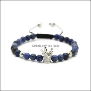 Bracelets porte-bonheur 6mm naturel oeil de tigre gris jaspe bronzite veines bleues perles de pierre plaqué or et sier couronne tressée bracelet en cz Dro Dhpro