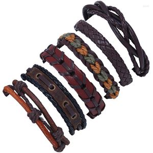 Pulseras con dijes 6 unids/set Punk Hippie negro cordón de cuero marrón oscuro nudos de macramé capas apilables pulsera brazaletes joyería Unisex