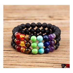 Pulseras con dijes 7 Chakras 8Mm Pulsera de piedra de lava negra Diy Aromaterapia Difusor de aceite esencial Buda Mala Yoga Joyería Gota Entregar Dhni9