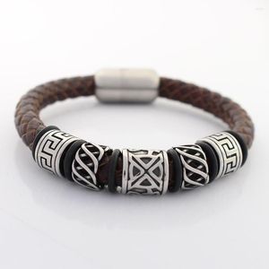 Bracelets porte-bonheur 8 MM Bracelet en cuir véritable tressé pour hommes breloques en acier inoxydable titane grand trou perle Viking avec fermoir magnétique