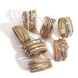 Bracelets de charme ALLYES Multiple Kaki Wrap Bracelet en cuir pour femmes Boho aimant fermoir coeur étoile cristal chaîne tressé bijoux 231027
