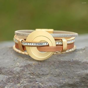 Bracelets de charme Allyes Bracelet en cuir de cercle creux à la mode pour les femmes déclaration chaîne de cristal tressé multicouche Wrap bijoux