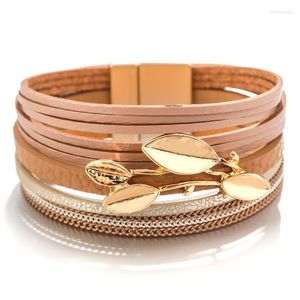 Pulseras con dijes Amorcome, pulsera envolvente de cuero para mujer, brazalete de hoja de Metal hecho a mano bohemio, joyería de fiesta apilable para niñas y mujeres, GiftCharm Inte22