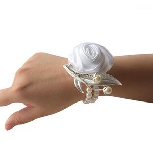 Pulseras de encanto Artificial Rose Muñeca Corsage Pulsera Flor de seda Dama de honor Flores de mano con decoración de fiesta de boda