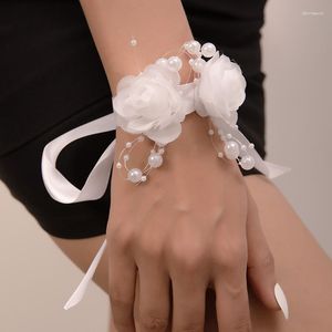 Bracelets porte-bonheur Fleur blanche artificielle Bracelet de demoiselle d'honneur Perles Bandes de mariage Accessoires Bracelet à lacets Bijoux d'été faits à la main