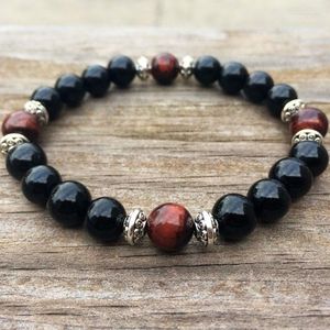 Bracelets de charme Onyx noir et Bracelet oeil de tigre rouge bijoux de Yoga hommes bouddhiste Mala méditation perles poignet pour hommes cadeau