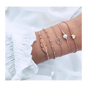 Bracelets de charme bohème 5pcs / set quitte coeur amour lotus perle bracelet chaîne tissée mTILUER