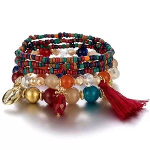 Pulseras con dijes Bohemio Colorf Diseño de moda Borla Cristal Arroz Granos Brazaletes Mujeres Hombres Regalos Oro Metal Mtilayer Elástico Elástico Dhnvb