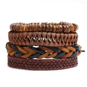 Pulseras de encanto Marrón Multicapa Pulsera de cuero trenzado 4 PCS / Set Joyería Conjunto al por mayor para hombres