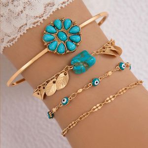 Charme Bracelets Charme Imitation Turquoise Fleur Bracelet Ouvert Ensemble Pour Femmes Mode Géométrique Alliage Feuille Yeux Quatre Pièces