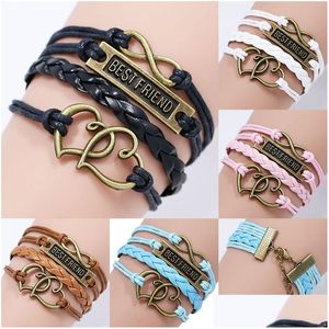 Charm Bracelets Classic Best Friend Carta para Mujeres Hombres Cuerda de cuero trenzado Doble corazón Infinity Wrap Pulsera Amistad Joyería Dhshl