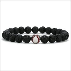 Charm Bracelets Cobre Baseball Ball Charms Strand Bracelet 8Mm Black Lava Stone Beads Volcano Diy Essential Oil Diffuse Dhseller2010 Dh4Am