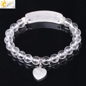 Bracelets de charme CSJA Reiki Boho pierre naturelle pierre blanche clair Quartz cristal de roche Bracelet pour hommes femmes amant coeur pendentif Chakra bijoux F277 231124