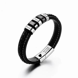 Bracelets à breloques Bracelets de texte de nom personnalisé pour hommes cadeau bracelet en cuir noir identification personnalisée perles en acier inoxydable avec fermoir de sécurité magnétique 231207