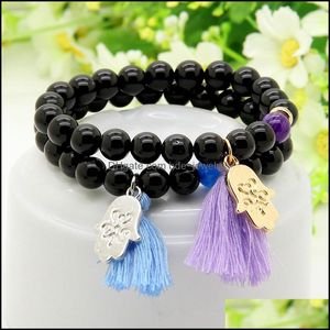 Bracelets de charme Design en gros 10pcs / lot 8mm noir onyx pierre besds bleu et violet gland Hamsa Fatima main couple bracelet goutte DHP6B