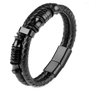 Pulseras de encanto capas dobles brazalete de cuero genuino para hombres Broche magnético de acero inoxidable Man joyería especial