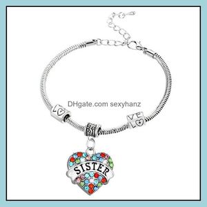 Pulseras de encanto Doble Nariz Moda Familia Joyería Forma de corazón en Rhinestone Suela Hermana para regalo Entrega de gota 2021 Sexyhanz DHH6P