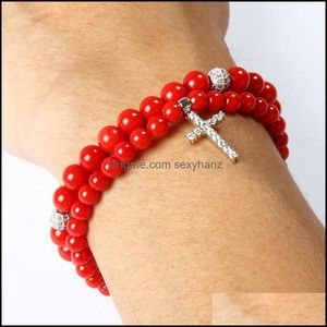 Pulseras con dijes Joyería de Pascua Al por mayor 5 mm A Grado Teñido Rojo Coral Piedra Claro Cz Jesús Cruz Pulsera con cuentas para amante Regalo Gota D DHWKX