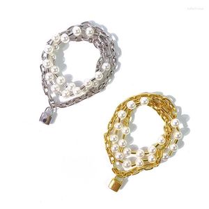 Bracelets porte-bonheur Style européen et américain haut sens mode perle chaîne épaisse multicouche serrure suspendue Bracelet à trois boucles