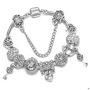 Bracelets de charme Mode 925 Sterling Sier Amour Bowknot Coeur Casier Clé Murano Lampwork Verre Perles De Charme Européenne Cristal Dangle Convient Dh3Iw