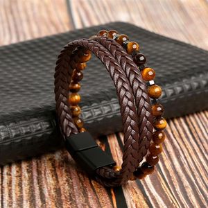 Bracelets de charme Fashion Classic Tiger Eye Bed Perled Multi-couche Le cuir Bracelet pour hommes Gifts de bijoux punk tissés à la main