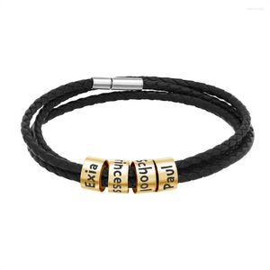 Pulseras con abalorios, pulsera de cuero para hombre de acero inoxidable con letras de patrón personalizado a la moda, regalo con cuentas de cuerda tejida para novio y padre