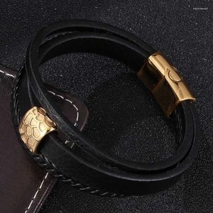 Braceletas Charm Fashion Joya masculina brazalete de cuero multicapa para hombres Golden acero inoxidable brazaletes magnéticos FR0673