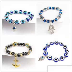 Bracelets de charme Fatima Main Hamsa Bracelet Bijoux Femmes Homme Or Sier Couleur Mode Bleu Diable Mauvais Oeil Plam Bell Perlé Ancre Pour DH9Kh