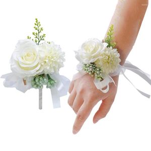 Pulseras con dijes Flor Muñeca Ramillete Boutonniere Rosa artificial y clavel Seda hecha a mano para flores de boda Accesorios Traje de baile De