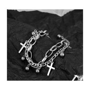 Pulseras con dijes Gótico Hip Hop Cruz de metal Colgante Pulsera de acero inoxidable para mujeres Cuentas 2 Capas Cadena vinculada Joyería fresca Gif Dh1Hn