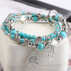 Bracelets de charme Hamsa pour femmes Turquesa et argent couleur couches bohème Boho pierres perles Bracelet 3 pièces/ensemble LotCharm Inte22