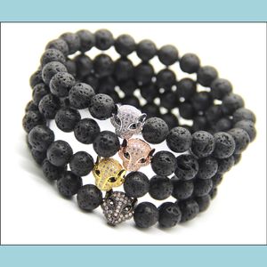 Bracelets de charme de haute qualité hommes bijoux en gros 8mm perles de pierre de lave d'énergie noire avec micro pavé cubique zircone CZ léopard bracele Dhykn