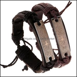 Bracelets porte-bonheur bijoux en cuir véritable écriture chrétienne croix pour hommes Punk marron noir Bible verset Crucifix bracelet mode religieux