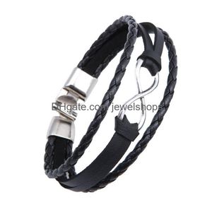 Bracelets de charme Mtilayer Wrap Bracelets pour hommes femmes Infinity Sier numéro huit noir marron véritable cuir de vache tressé charme mode Dhn7Q