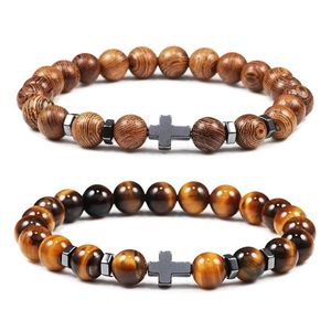 Pulseras con dijes Piedra natural Cuentas de madera Rosario Hematita Cruz Onyx Meditación Pulsera Mujeres Yoga Joyería Entrega directa Dhug0