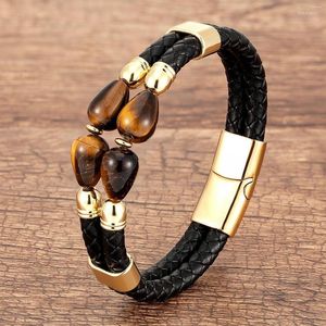 Bracelets porte-bonheur naturel oeil de tigre Bracelet hommes multicouche cuir noir acier inoxydable boucle magnétique perles rondes bijoux