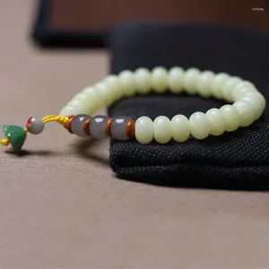 Bracelets de charme Racine de Bodhi jaune naturelle avec noyau d'olive, accessoires de lotus, bracelet de perles de bouddha en jade blanc
