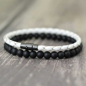 Bracelets de charme Noter 2pcs Men Bracelet Set 4 mm Braclet en cuir authentique Homme 6 mm Black Onyx Stone Braslet Braslet Associé Brazalete Gift Y240510