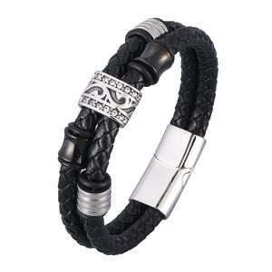 Pulseras con dijes Punk negro doble cuero genuino brazaletes trenzados para hombres Acero inoxidable Vintage hombre pulsera mano joyería SP0953