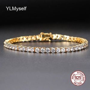 Bracelets à charme pur réel argent 15-21cm Bracelet de tennis Bijoux pave m / 4 mm Sparkly CZ Gold Plate éternel Gift For Wife Superbe 925 Jewelry 231222