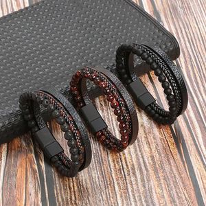 Bracelets porte-bonheur rétro multicouche tressé pierre naturelle perle Bracelet en cuir pour hommes Hiphop Punk acier inoxydable boucle magnétique