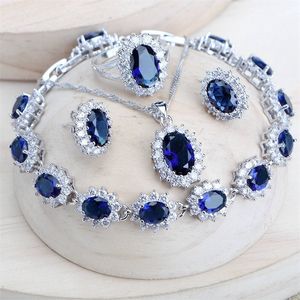 Bracelets porte-bonheur argent 925 femmes ensembles de bijoux de mariée bleu zircone Costume bijoux fins collier de mariage boucles d'oreilles anneaux pendentif ensemble 230407