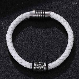 Bracelets porte-bonheur Simple Hommes Bijoux Punk Squelette Crâne Bracelet Blanc Tressé En Cuir Fermoirs Magnétiques Homme Bracelete Cadeau SP0200