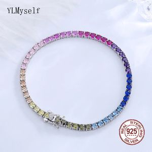 Pulseras con dijes Sólido Real 925 Plata 3 mm Rainbow Zircon Pulsera de tenis 15161718192021 cm Cadena de joyería fina bastante colorida para mujeres 231215