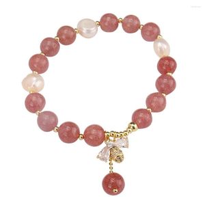 Bracelets porte-bonheur cristaux de fraise Bracelet perlé pierre semi-précieuse naturelle vraie perle Cz abeille pendentif rond élastique un