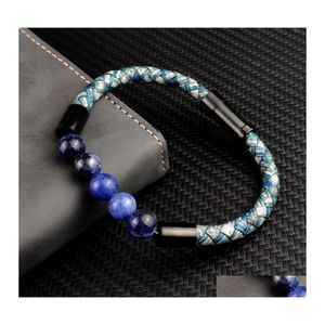 Pulseras con dijes Titanio Acero Hombre Chakra Joyería Venta al por mayor de Rye Black Vcan Beads Braclet Stone Leather 594 T2 Drop Delivery Otzxi