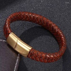 Pulseras con dijes Joyería de moda para hombres Pulsera de cuero trenzada marrón Cierre magnético de acero inoxidable dorado Punk Vintage Brazalete masculino FR0232